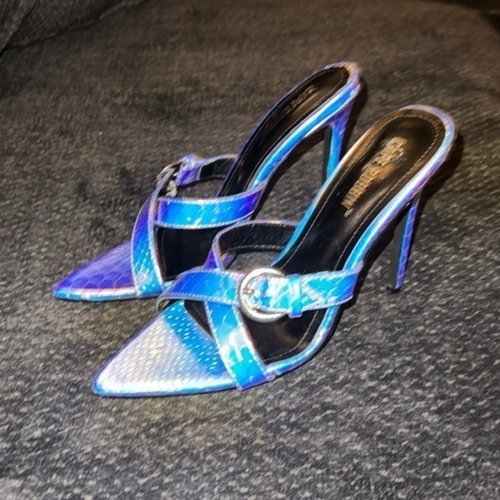 Iridescent mermaid snakeskin cross strap slip on high heels. Size 6.5